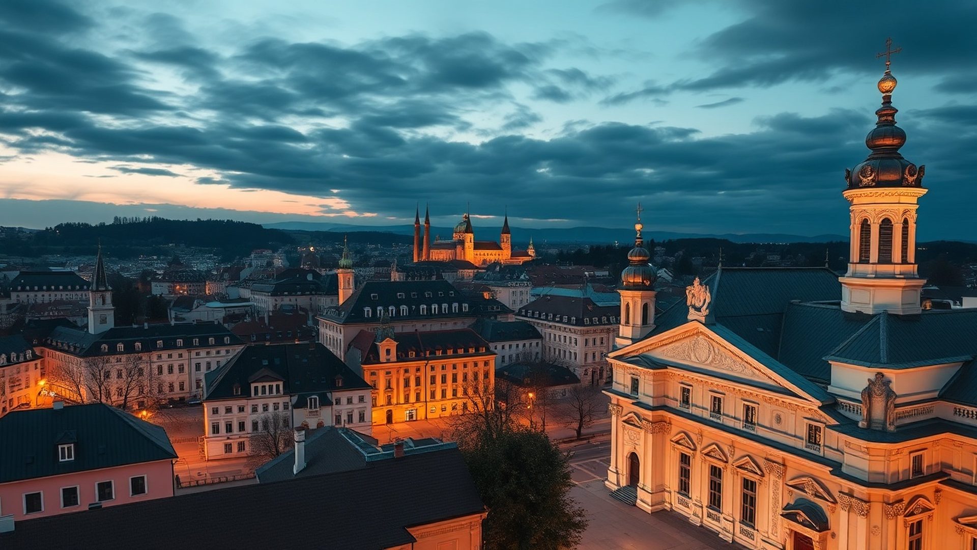 Panoramatický pohľad na centrum Banskej Bystrice za súmraku