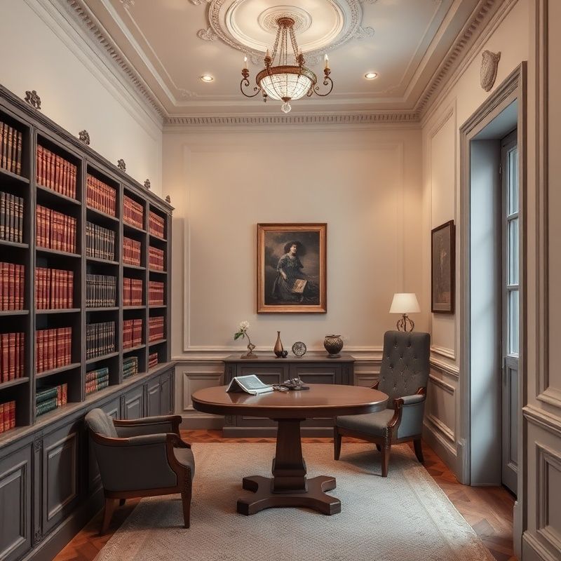 Interiér elegantnej malej kancelárie na Hornej ulici v Banskej Bystrici, bridlicové a krémové tóny, knižnice s odbornou literatúrou